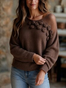 SHEIN Mesh Patchwork 3D Crochet Lazy Comfortable Sweater - Coffee Brown - View 4