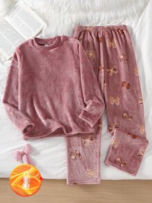 少女蝴蝶結印花法蘭絨面料溫柔甜美休閒風加厚保暖內裡冬季長袖褲鬆款兩件套家居睡衣 - 藕粉色 - 查看 7