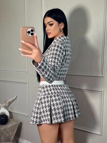 SHEIN SXY Women's Lapel Plaid Textured Pattern Ultra-Short Blazer And Mini Skirt Set - Black and White - View 2