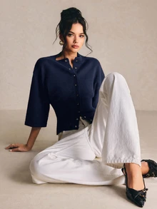 Poéselle 女款純色短袖開襟針織衫，適合約會、度假、派對、日常穿著、聚會、戶外活動 - 藏蓝色 - 查看 7
