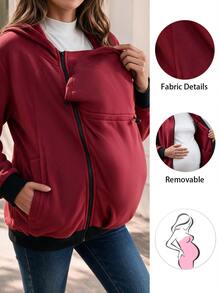 SHEIN Solid Color Maternity Hoodie Jacket 3-In-1 Outerwear For Home - Red - View 6