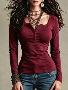 Trelyra Women's Casual Oversized Scoop Neck Button Design Long Sleeve T-Shirt - Burgundy - View 1