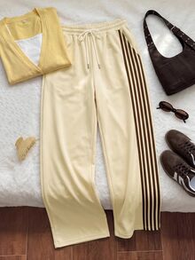 Comfortcana Plus Size Women's Side Stripe Drawstring Casual Loose Sweatpants - Light Yellow - View 3