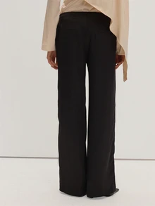 MUSEYN Black Satin Straight Leg Trousers Classy Date Night Chic Evening Fall - Black - View 4