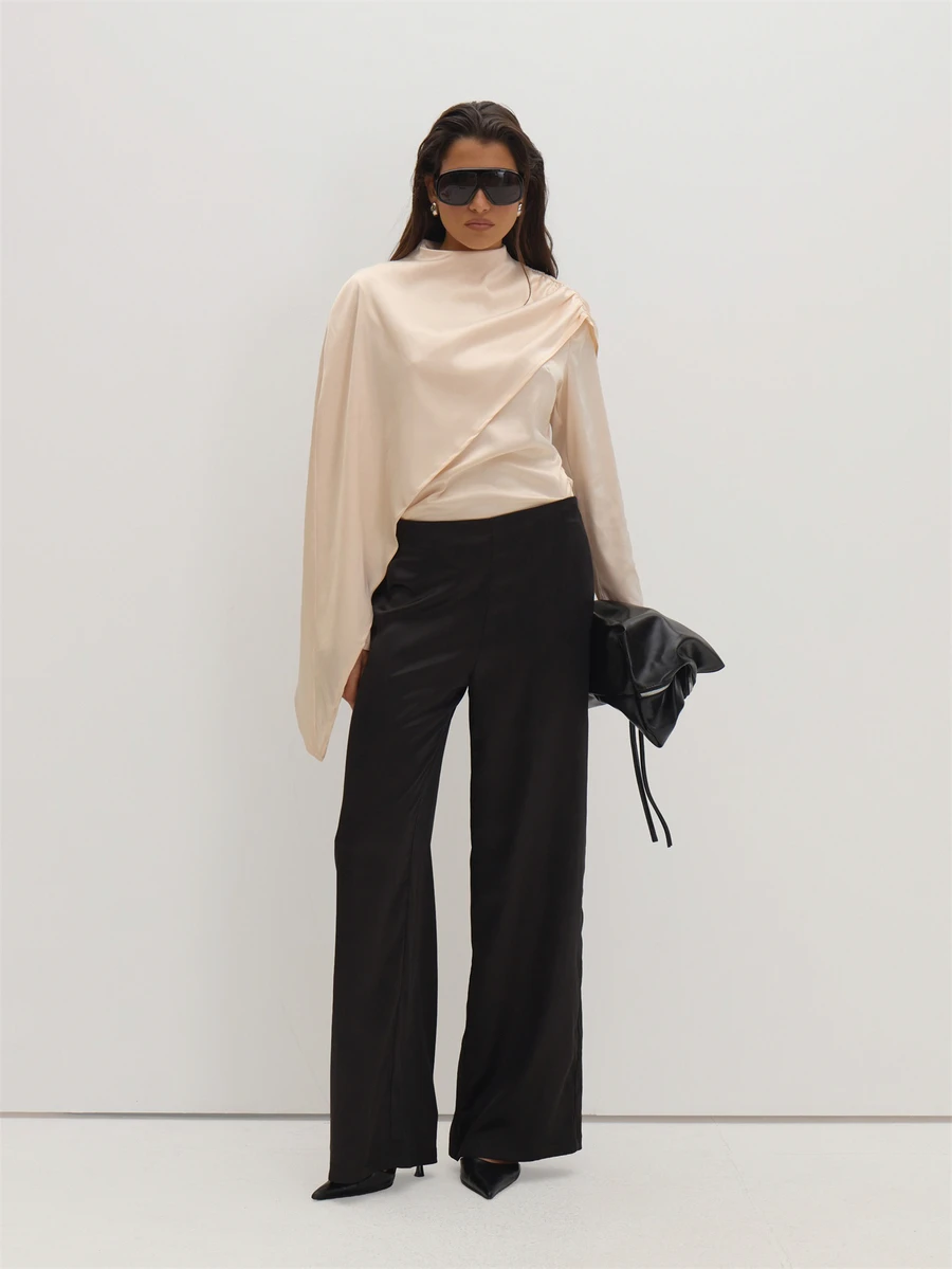 MUSEYN Black Satin Straight Leg Trousers Classy Date Night Chic Evening Fall - Black - View 1