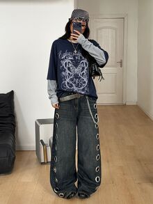SHEIN 青少年女孩秋季音樂節街頭風基礎哥德龐克拼接 2 合 1 哥德印花圓領寬鬆長袖 T 恤，舒適秋冬風，萬聖節，時尚，Y2K - 黑色 - 查看 3
