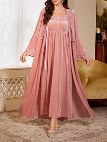 PalaceNights French Vintage Embroidered Lace Velvet Long Robe + Camisole Dress 2pcs Set For Women - Pink - View 7