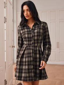 Écloséra Autumn/Winter Vintage Plaid Long Sleeve Pleated Hem Shirt Dress - Brown - View 9