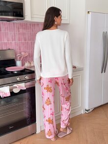 SweetSlumber Women's Christmas Gingerbread Man Candy Striped Print Knit Long Sleeve Pants Pajama Set - Multicolor - View 2