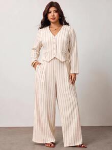 Enliva Plus-Size Women's Casual Striped Shirt And Trousers Set Apple,Rounded Body - Apricot - View 5