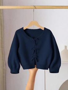 SHEIN LMoss Kids 女童少女粉色針織秋季毛衣，蝴蝶結裝飾，可愛休閒，柔軟舒適百搭，適合派對與度假場合 - 藍色 - 查看 1