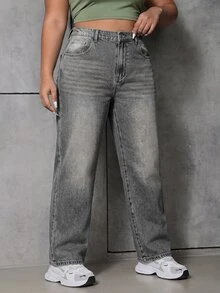 SHEIN ICON Plus Size Women's High Waist Wide Leg Loose Casual Denim Jeans With Pockets - Light Grey - View 6