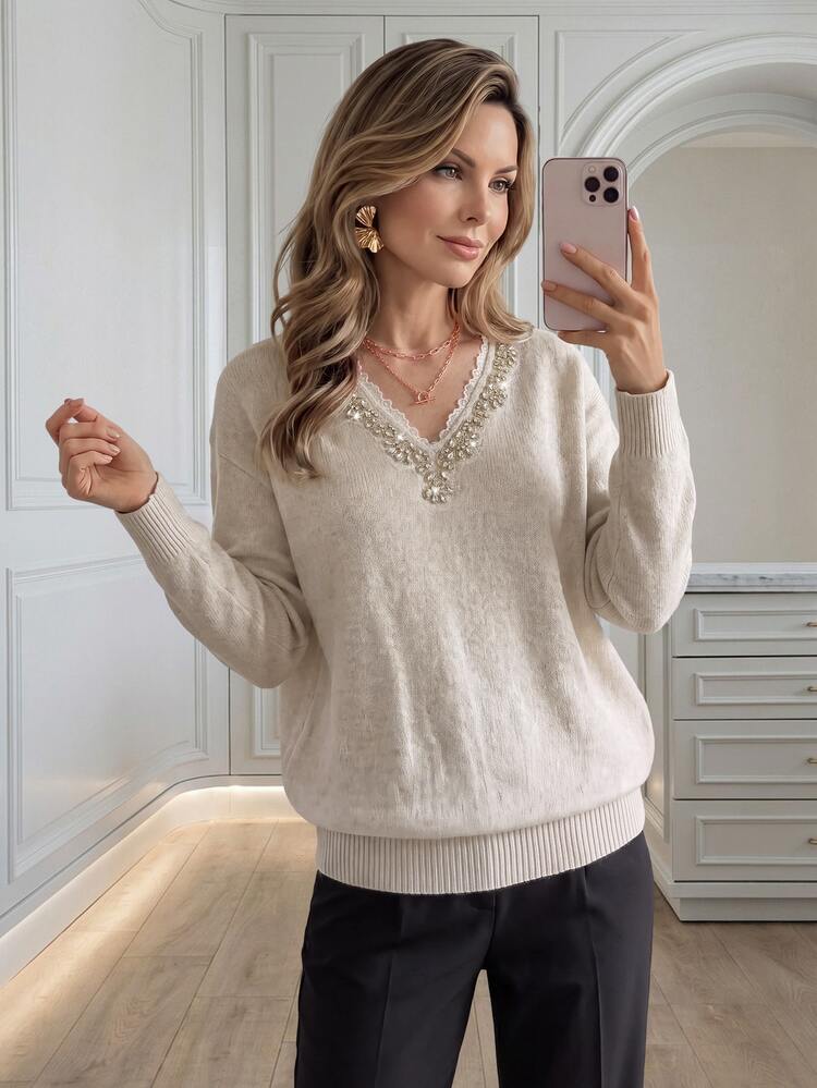 Medorina Women's Contrast Lace V-Neck Rhinestone Decor Long Sleeve Sweater - Apricot - View 5