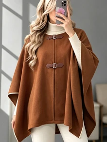 SHEIN Women's Autumn/Winter Piped Trim Snap Button Front Cape Overcoat - Apricot - View 4