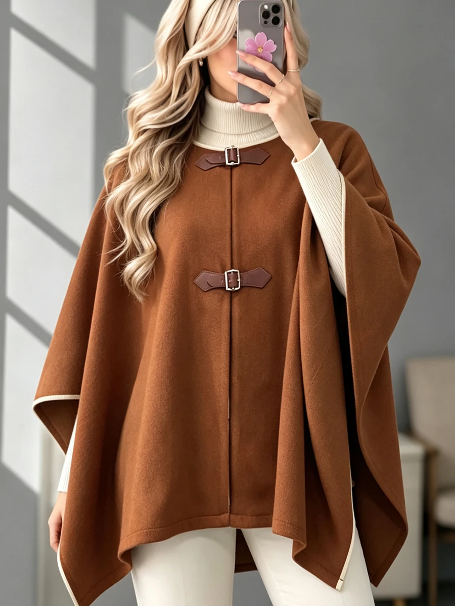 SHEIN Women's Autumn/Winter Piped Trim Snap Button Front Cape Overcoat - Apricot - View 1