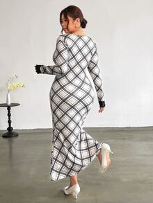 Firerie Plus Size Women's Contrast Lace Deep V-Neck Long Sleeve Plaid Fish Tail Hem Elegant Dress Fall - Multicolor - View 2