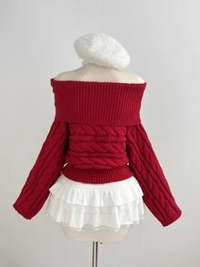 Elamini Women's Red Sexy Versatile Square Neck Cute Pom Pom Daily Commute Christmas Outfit Autumn Winter Pullover Sweater - Red - View 4