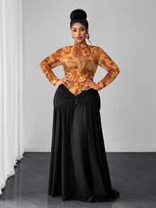 Maweii Plus Size Orange Mesh Patchwork Fitted Long Sleeve Waist-Cinching Dress For Women - Orange - View 5