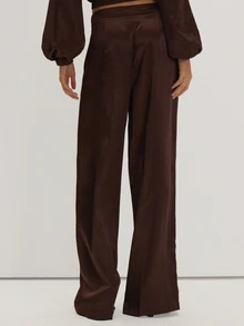 MUSEYN Brown Satin Straight Leg Trousers Classy Date Night Chic Evening Fall - Chocolate Brown - View 4