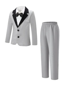 SHEIN Kids 2pcs Young Boy Casual Color-Blocked Collar Suit Jacket + Trousers Two Pieces Set, Gentleman's Suit, - Grey - View 4