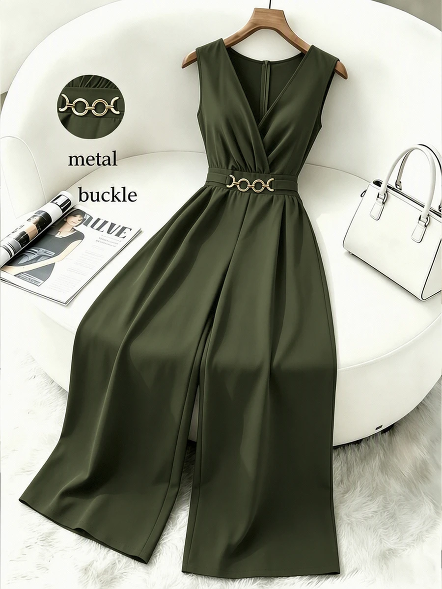 GlowEve CURVE Plus Size Women's Elegant Solid Color V-Neck Sleeveless Gold Decor Waist Buckle Cinched Wide Leg Jumpsuit, Suitable For Spring/Summer Commute And Daily Wear - Green - View 1