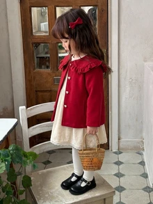 DAZY Young Girl Solid Color Peter Pan Collar Heart Single-Breasted Cute Overcoat - Red - View 5