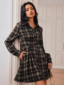 Écloséra Autumn/Winter Vintage Plaid Long Sleeve Pleated Hem Shirt Dress - Brown - View 5