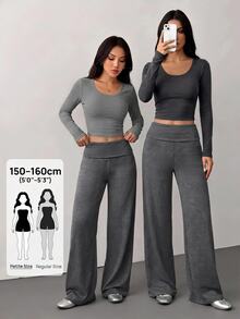 SHEIN PETITE 女款純色高腰極簡休閒日常百搭時尚寬腿長褲 - 深灰色 - 查看 4