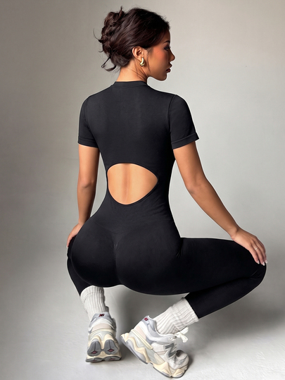 SHEIN Dewbera Women's High Neck Cutout Waist Jumpsuit Gym Black Fall Sporty Sexy