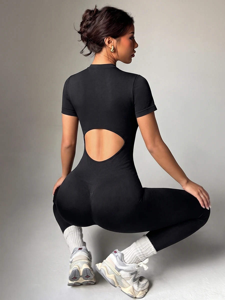 SHEIN Dewbera 女款高領鏤空腰部連身褲 - 黑色 - 查看 1