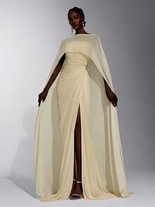 Elitara Elegant Minimalist Classical Chiffon Shawl Strapless Handmade Pleated Fishbone Internal Corset Waist Bodycon Slit Train Long Dress Cream Fall - Yellow - View 7