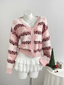 Elamini Minimalist Christmas Women's Autumn/Winter Pink Long Sleeve Slim Fit Knit Cardigan Sweater Top - Pink - View 1