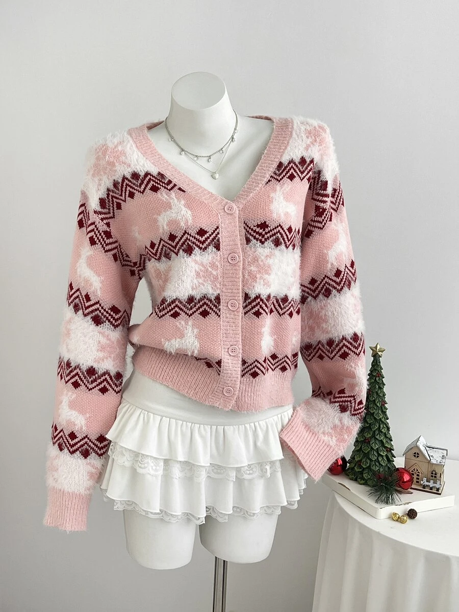 Elamini Minimalist Christmas Women's Autumn/Winter Pink Long Sleeve Slim Fit Knit Cardigan Sweater Top - Pink - View 1