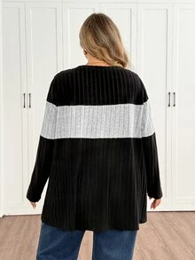 SHEIN CURVE+ Contrast Color Round Neck Ribbed Long Sleeve Casual T-Shirt, Autumn/Winter Contrast Knit Ribbed Top, Suitable For Plus Size 5XL-8XL - Multicolor - View 2