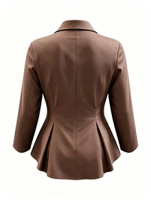 GlowEve CURVE Plus Size Collared Lace Trim Elegant Cinched Waist Ruched Long Sleeve Blouse - Brown - View 2