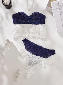 SHEIN White & Blue Strapless Underwire Lace Bra Set, Sweet Feminine Style, 4pcs - Multicolor - View 2