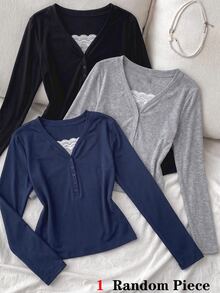 Teen Girl Casual Slim Fit Long Sleeve T-Shirt Base Layer, Printed Accents, Versatile Comfortable Elegant Style, Suitable For Outings, School, Layering - Blue - View 1