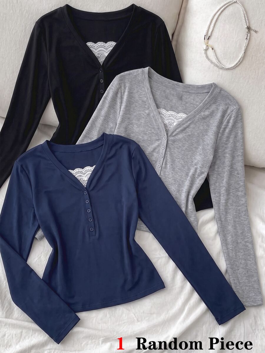 Teen Girl Casual Slim Fit Long Sleeve T-Shirt Base Layer, Printed Accents, Versatile Comfortable Elegant Style, Suitable For Outings, School, Layering - Blue - View 1
