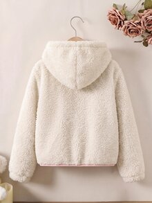 青少年女孩拼色前拉鍊連帽抓絨外套 - 杏色 - 查看 2