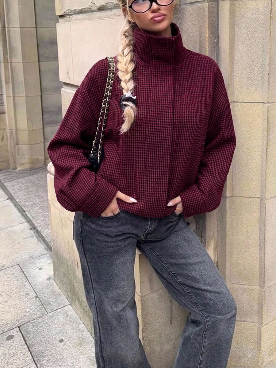 Aloruh 年輕女性百搭秋冬新款千鳥格立領寬鬆落肩長袖夾克,羊毛混紡 - 酒紅色 - 查看 1