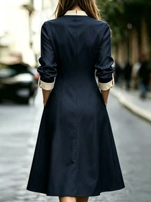 RosyDaze Women's Elegant Mid-Length Dress With Turned-Up Sleeves, Stand Collar, Button Closure And Contrast Color - Navy Blue - View 2