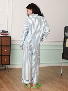 Chillnights Women's Casual Young Striped Print Colorblock Thin Cuff Embroidered Pajama Set - Blue - View 4