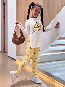 SHEIN 青少年女孩蜜蜂印花側開衩下擺T恤與條紋長褲休閒套裝 - 白色 - 查看 1