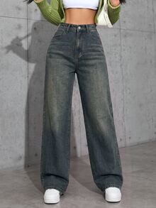 SHEIN EZwear 女款寬鬆寬腿休閒百搭牛仔褲，附口袋 - 深色水洗藍 - 查看 4