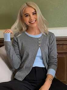 Dazy Kids Teen Girl Bow Decor 2 In 1 Long Sleeve T-Shirt - Grey - View 6