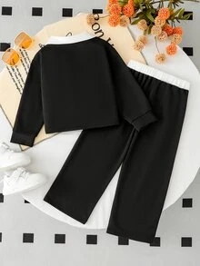 SHEIN Elladie kids 少女學院風黑色蝴蝶結印花對比色POLO領上衣＋寬腿褲休閒兩件套穿搭 - 黑色 - 查看 3