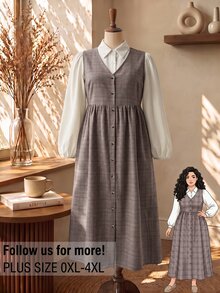 Rusticease Plus Size Women's Patchwork Plaid Button Design 2 In 1 Preppy Style Dress Fall - Multicolor - View 1