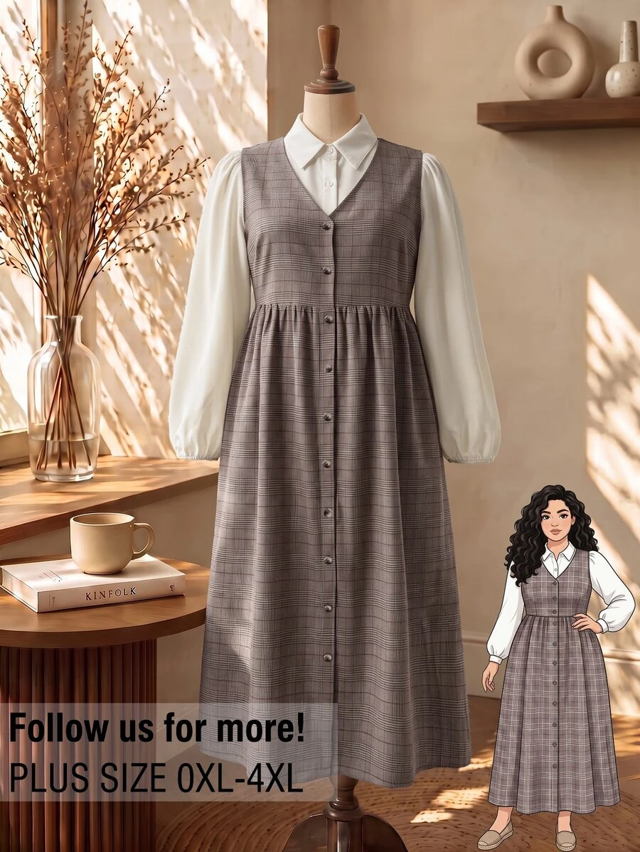 Rusticease Plus Size Women's Patchwork Plaid Button Design 2 In 1 Preppy Style Dress Fall - Multicolor - View 1