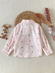 SHEIN 女童春秋款仿刺繡花卉圖案粉色與白色條紋花朵印花長袖襯衫，清新輕盈舒適，適合室內外穿著 - 粉色 - 查看 3