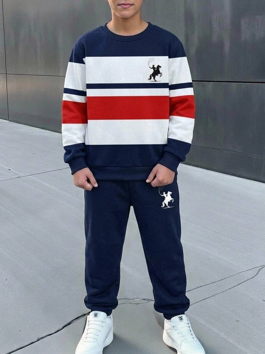 青少年男孩休閒時尚圓領長袖卡通圖案衛衣,適合秋冬穿著 - 彩色 - 查看 1